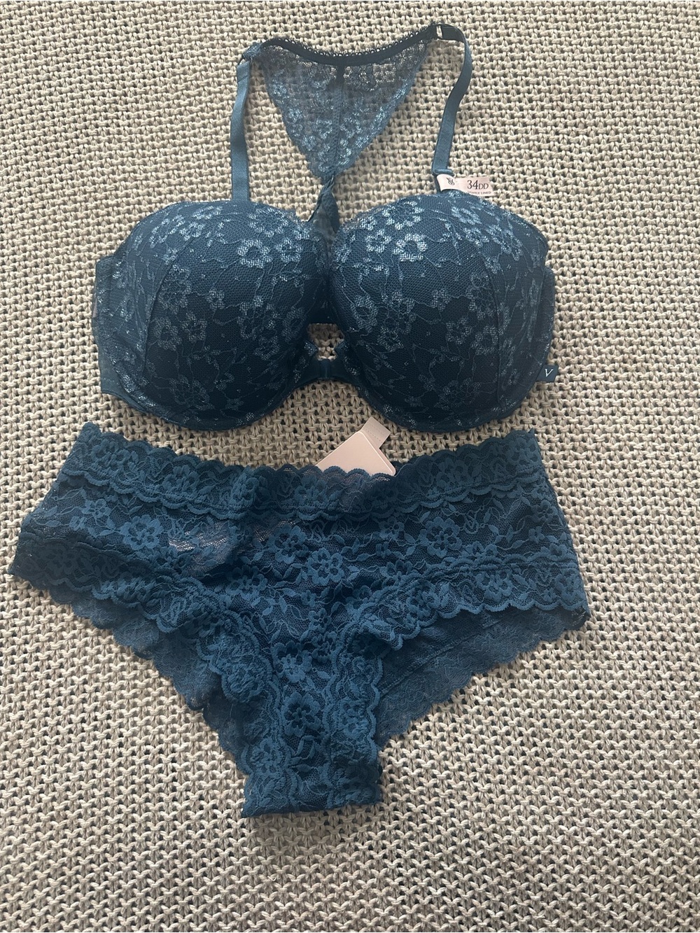 Victoria's Secret Deep Teal Lace lightly lined Demi Bra & Lace Booty shorts